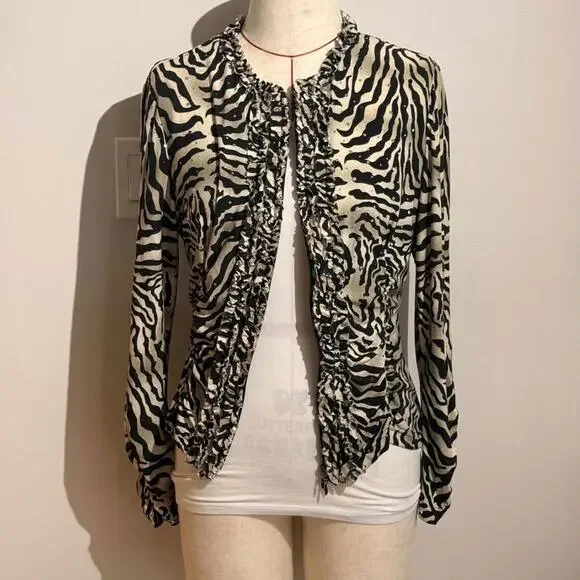Joseph Ribkoff Zebra Print Full-zip Long Sleeve Jersey Ruffled Shirt Women's 14 - Picture 1 of 7